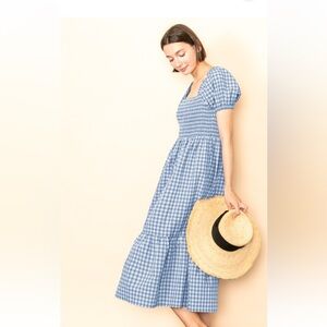 Blue Gingham Puff Sleeves Smocked Midi Dress w/pockets